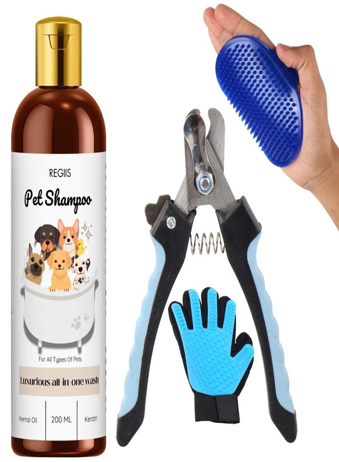 REGIIS Pet Grooming Kit, 4-Piece Set with Dog Shampoo 200ml, Nail Clipper, Deshedding Glove, Massage Brush for All Types of Pets - Image 1